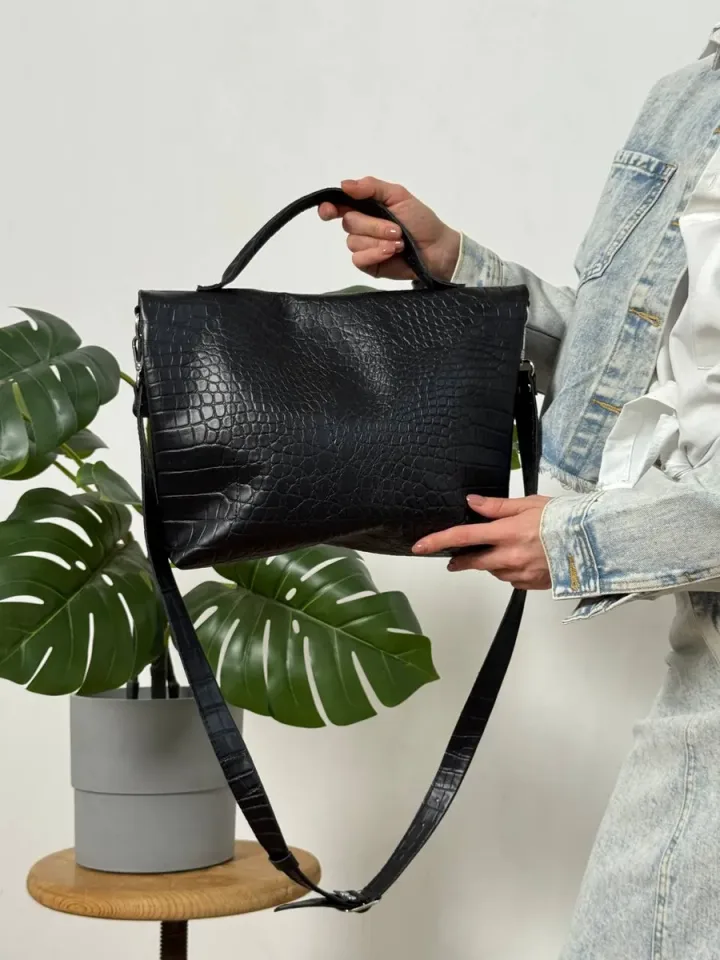 Кожаный портфель кожа натуральная цвет черный/кайман — фото 7