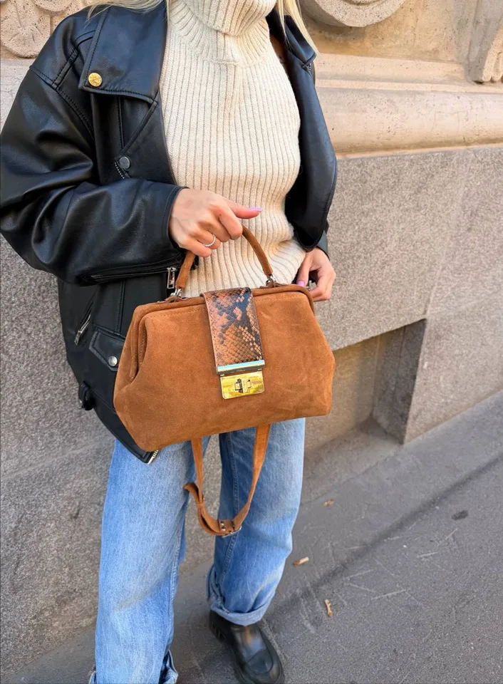 Женский саквояж “24” из замши, цвет травяной/питон (копия) — фото 2
