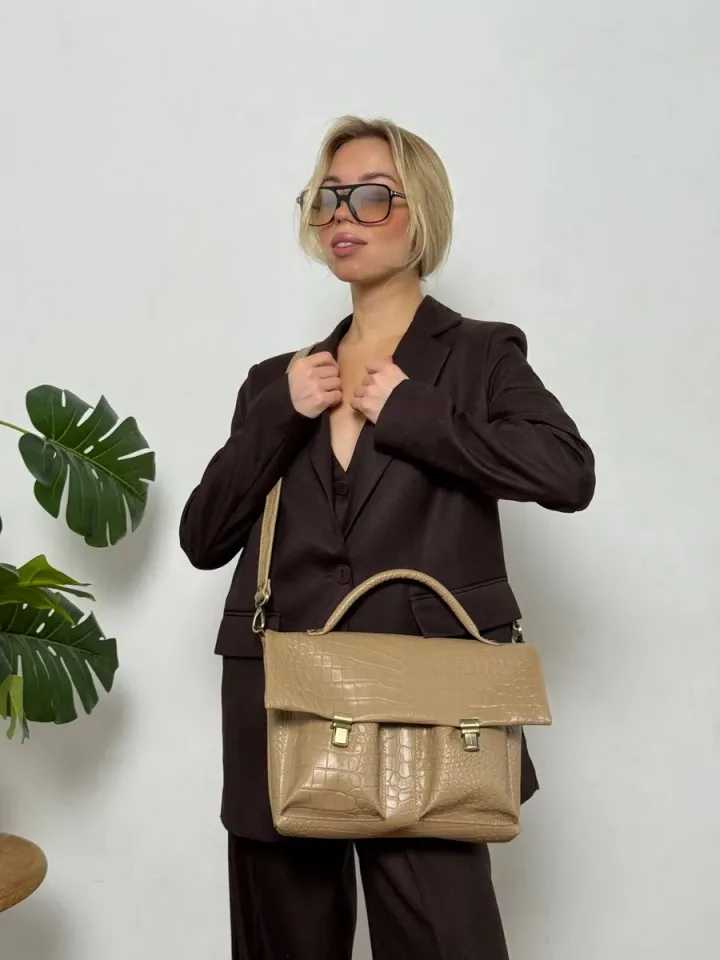 Кожаный портфель кожа натуральная цвет бежевый/кайман — фото 7