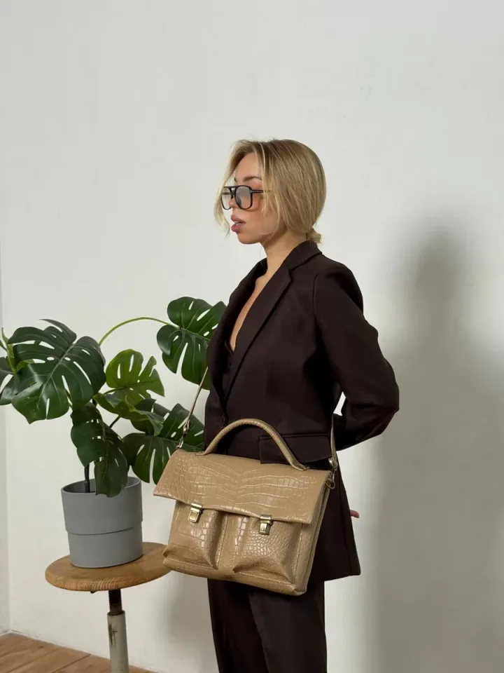 Кожаный портфель кожа натуральная цвет бежевый/кайман — фото 3