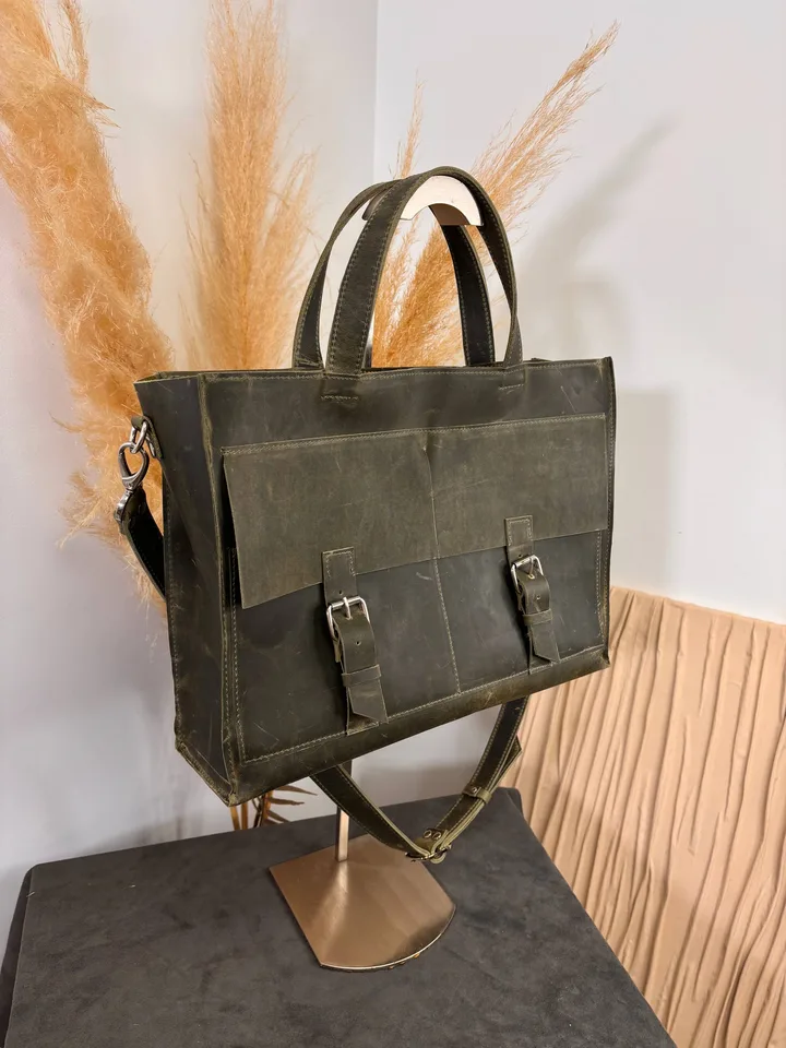 Большой портфель для ноутбука цвет оливковый, кожа натуральная Crazy horse — фото 7