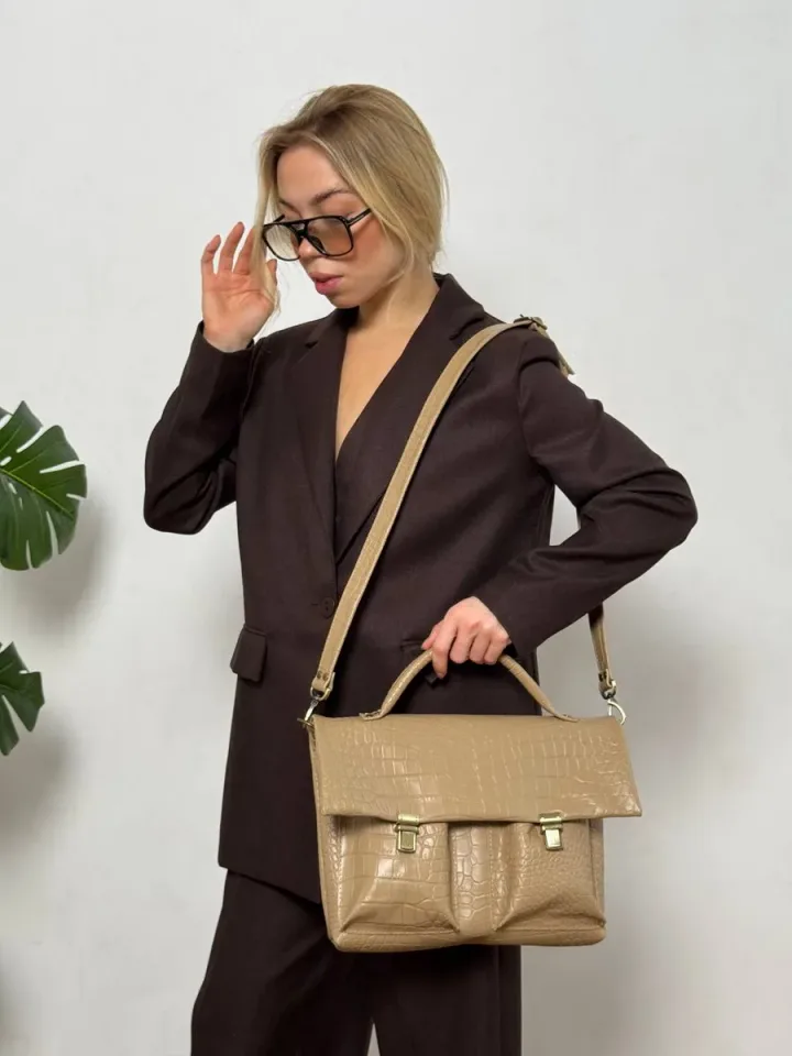 Кожаный портфель кожа натуральная цвет бежевый/кайман — фото 8