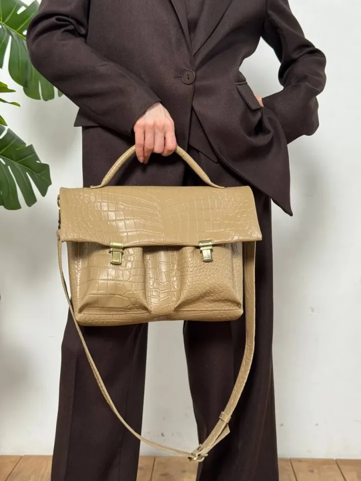 Кожаный портфель кожа натуральная цвет бежевый/кайман — фото 5